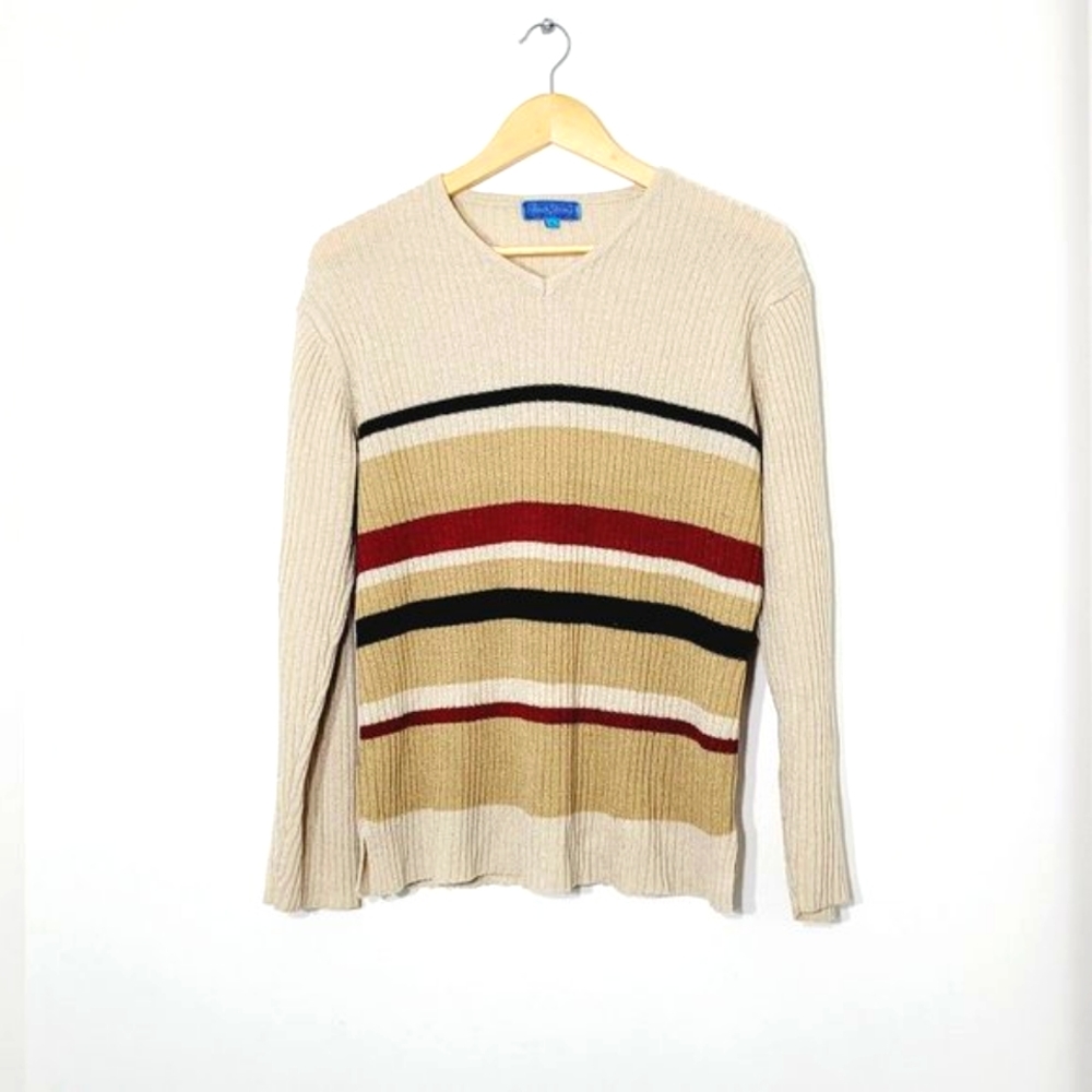 Vintage V-Neck Cream Red Black Striped Y2K Knitted Long Sleeve Retro Sz XL 90s